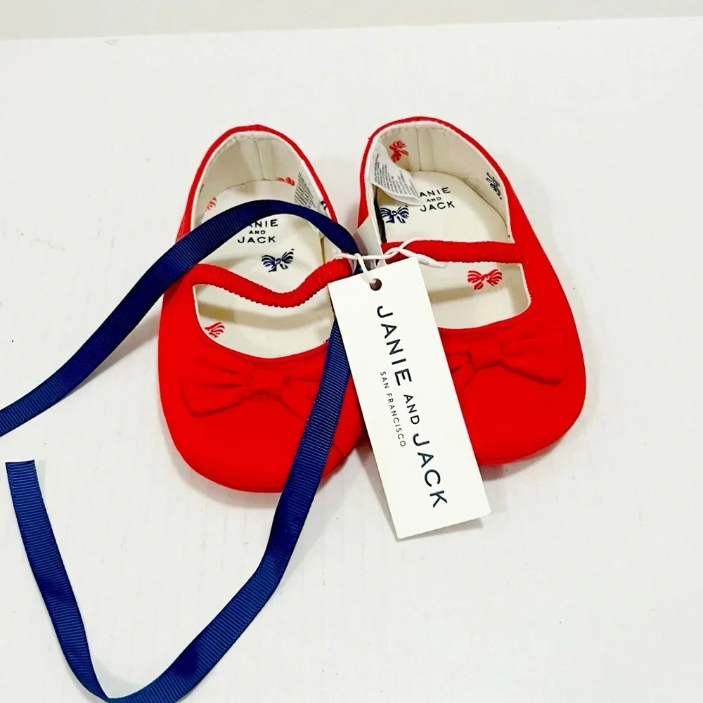 NWT Janie and Jack Red bow strap Flats shoes baby girl size 18-24 months